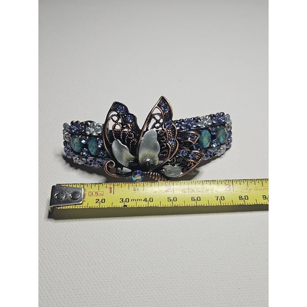 Blue Butterfly Hair Barrette Crystal Enamel Copper Floral Filigree Clip Women